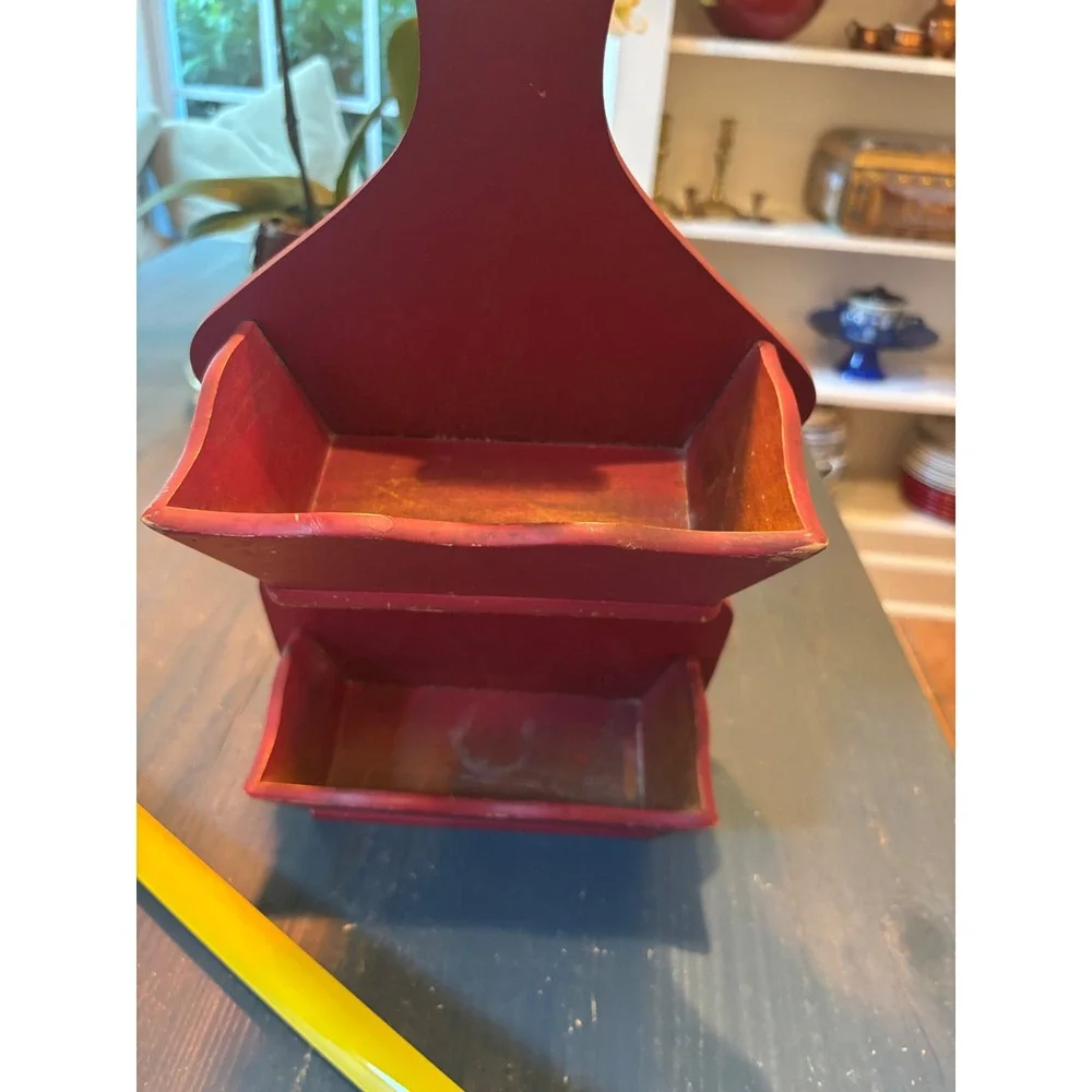 Vintage Ardco Red Wood Wall Pocket 2 Tier Mail Organizer Farmhouse Shelf